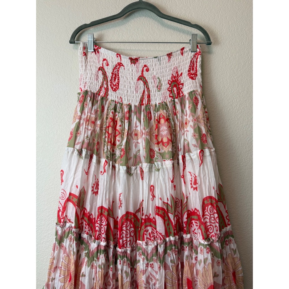 Free People Red Paisley Floral Tiered Maxi Skirt Smocked Cotton Boho Size - Picture 5 of 10